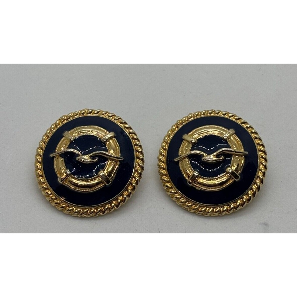 Earrings Nautical Seagull Buoy Navy Blue Enamel Gold Tone Vintage 80s